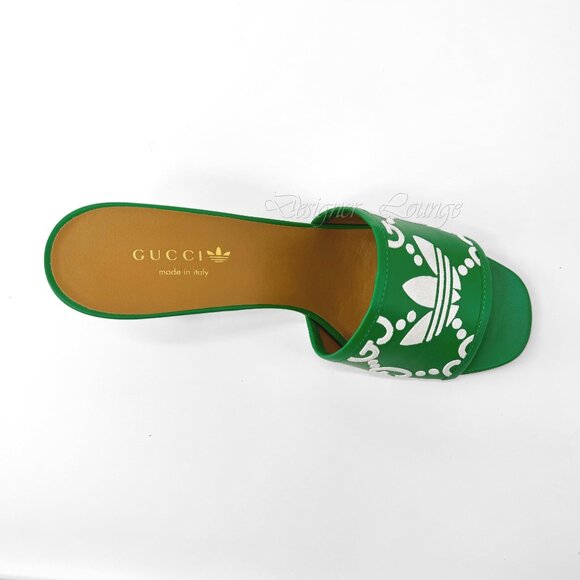 NEW GUCCI x ADIDAS GG Trefoil Logo Green Leather Heel Sandal Pump EU 39.5 US 9.5 - Picture 7 of 11